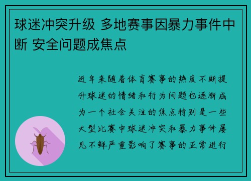 球迷冲突升级 多地赛事因暴力事件中断 安全问题成焦点 球迷冲突升级 多地赛事因暴力事件中断 安全问题成焦点