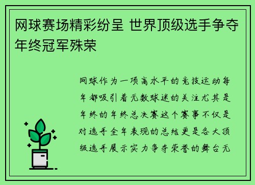 网球赛场精彩纷呈 世界顶级选手争夺年终冠军殊荣
